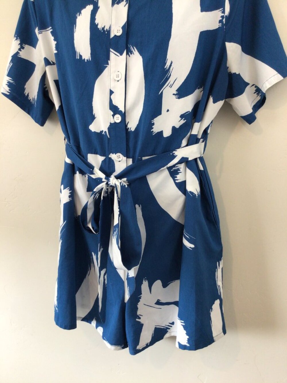 Blue and White Brushstroke Shirt Romper - Women's Jumpsuit - Picture 3 of 6